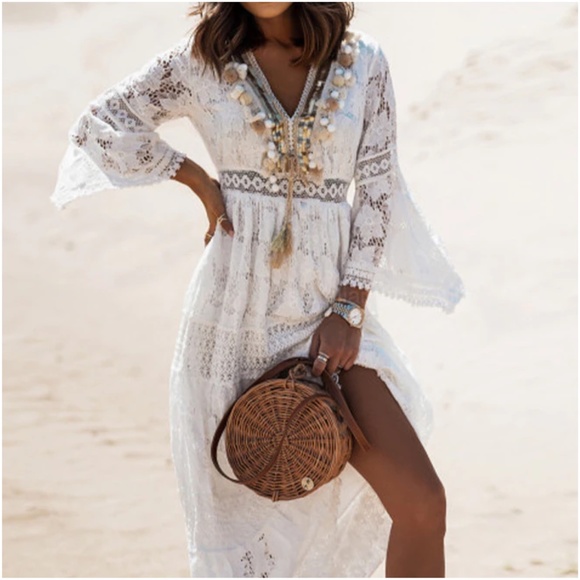 BellanBlue Dresses & Skirts - 04 Floral Lace Tassel Pom Pom V neck maxi Dress